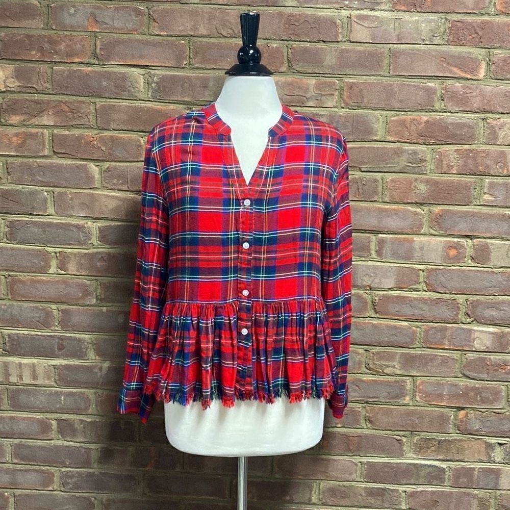 Mudpie Red Plaid Button Front Ruffle Bottom Top S… - image 2